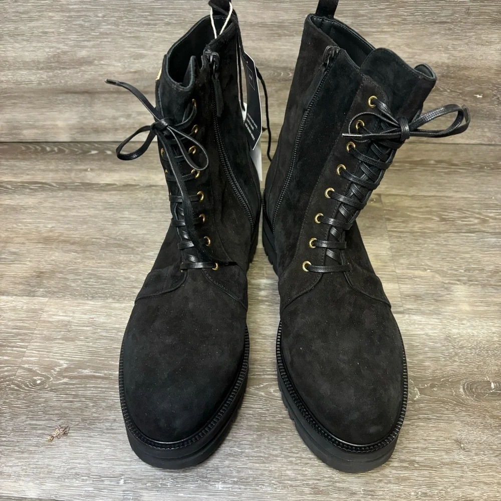 Loriblu | Black Ankle Combat Boots With Gold Buckle Detail Size 41 Made In Italy